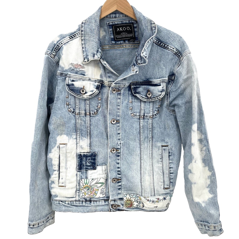 Akoo Oversized Distressed Denim Jacket Men's Size‎ M Floral Patches Metal Studs - Picture 2 of 16